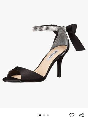 Nina Vinnie Black Satin Open-Toe Ankle Strap Heel with Bow and Rhinestones